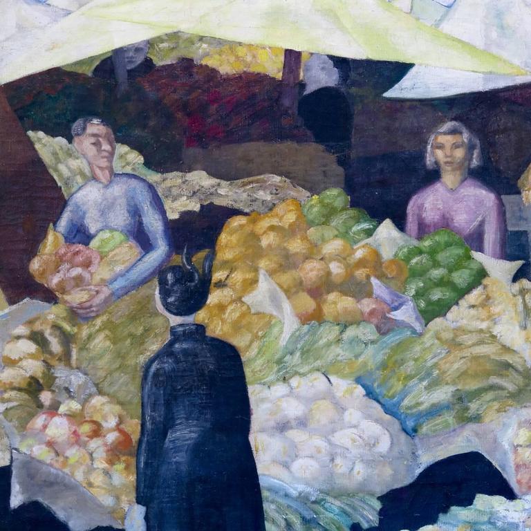 Large, nicely executed oil painting on canvas representing a market scene.