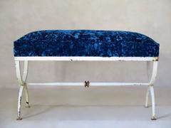 Neoclassical Iron and Velvet Curule Bench, France, 1940s