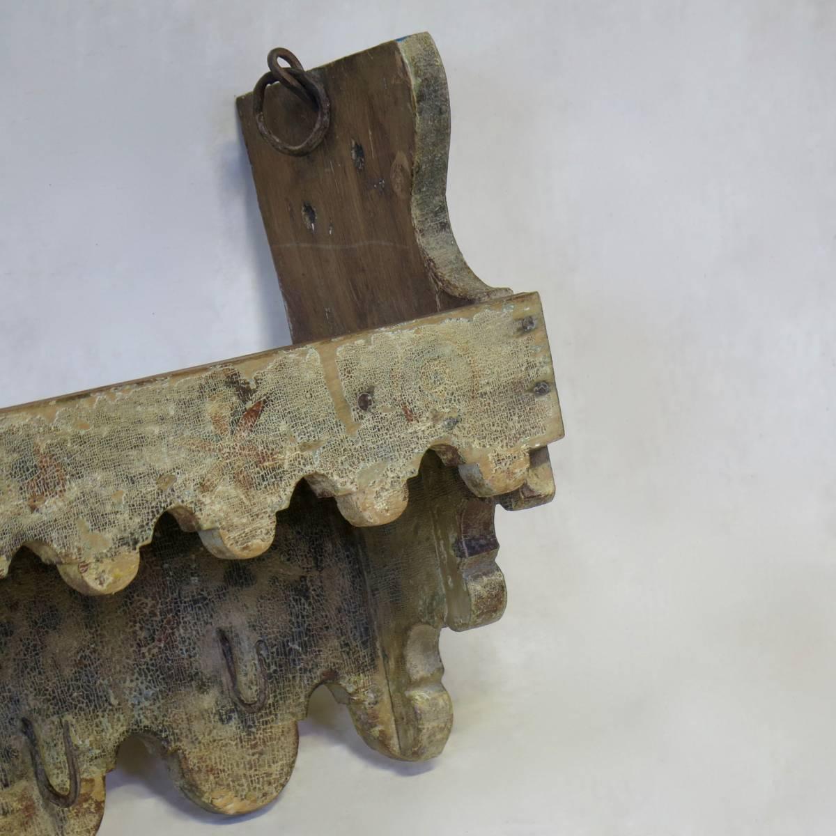 Polychrome Folk Art Wall-Mounted Shelf with Hooks, France, 19th Century 1