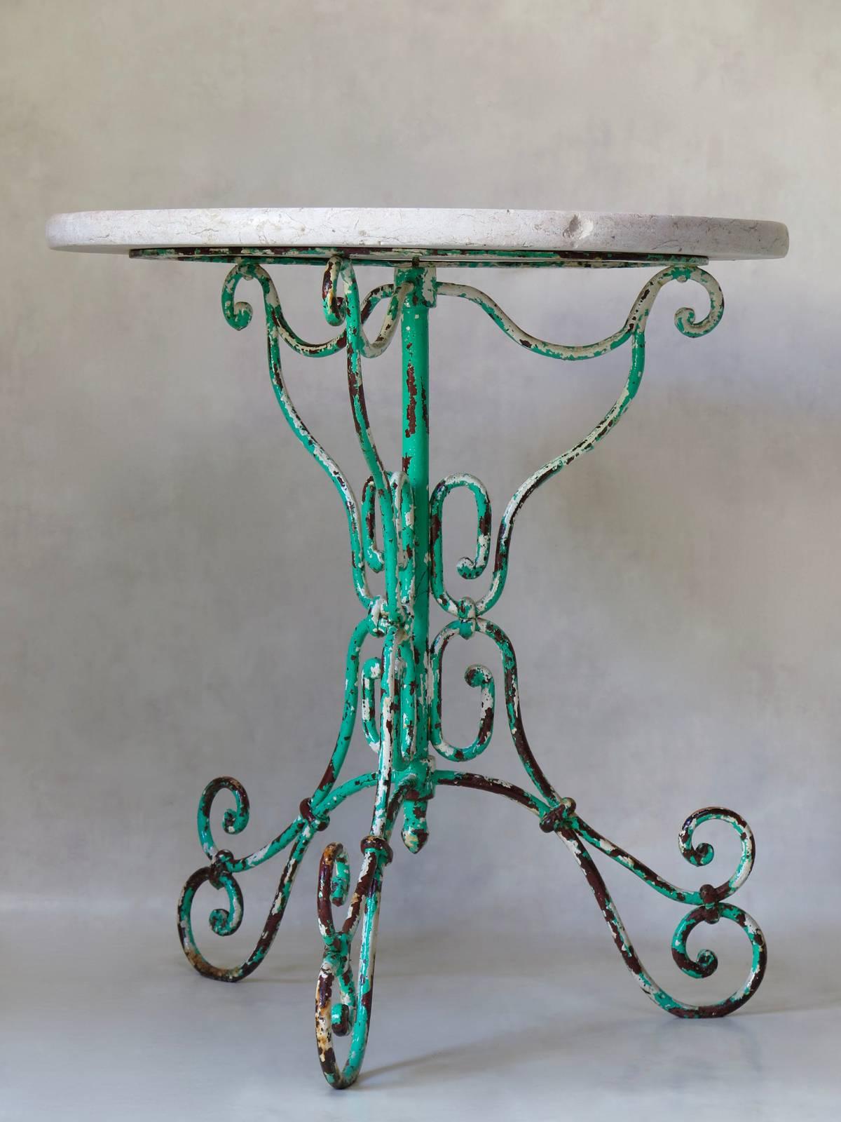 French Painted Wrought Iron and Marble Gueridon Table, France, circa 1920s For Sale