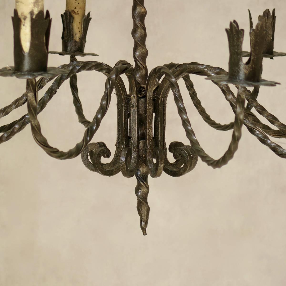 Large Burnished Gold Iron Chandelier, France, circa 1920s For Sale 3