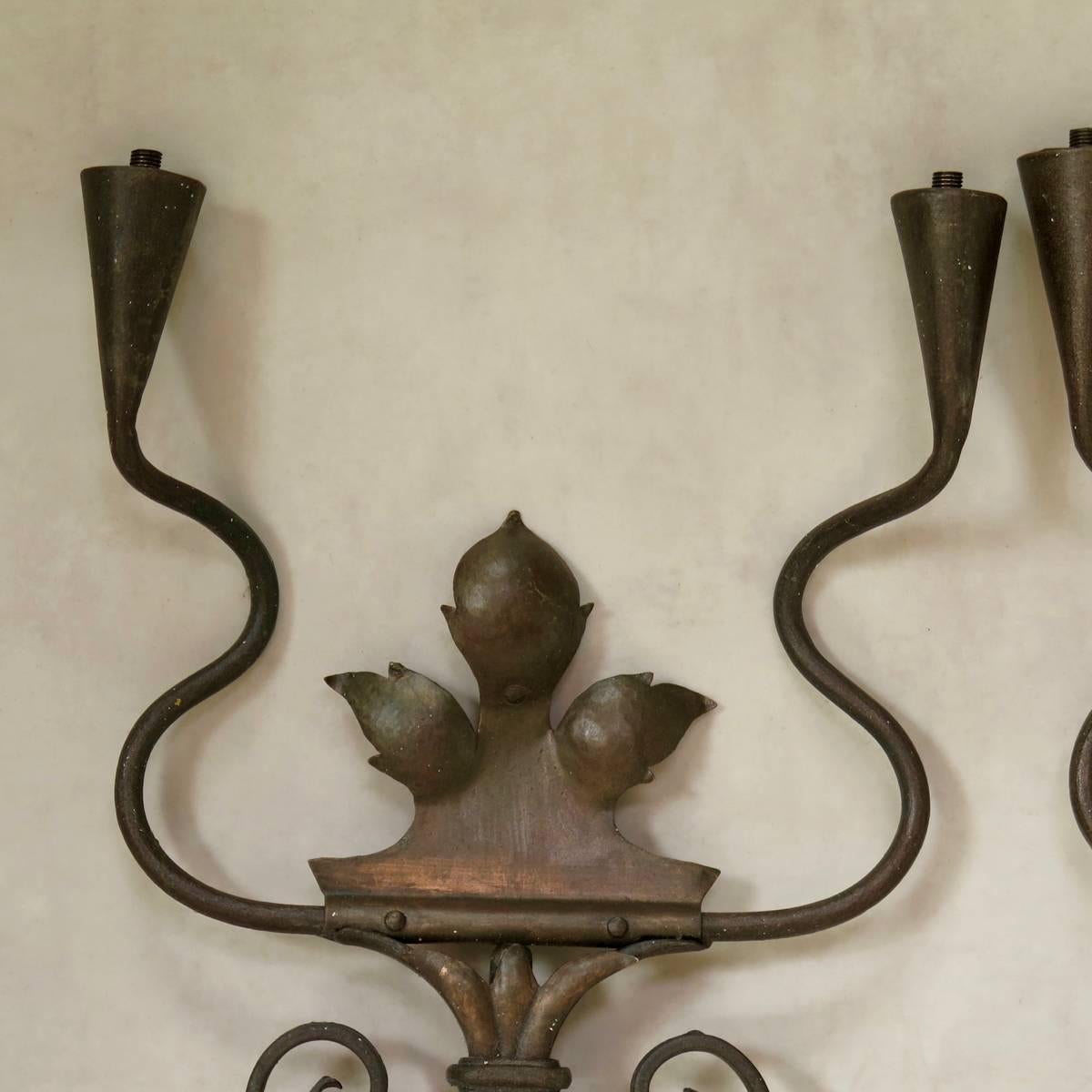 French Set of three Coppered Iron Sconces, France, circa 1950s