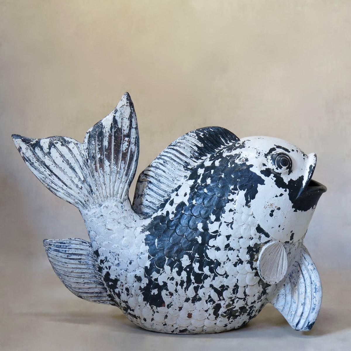 Large Pair of Painted Terracotta Fish Sculptures, France, circa 1950s 3