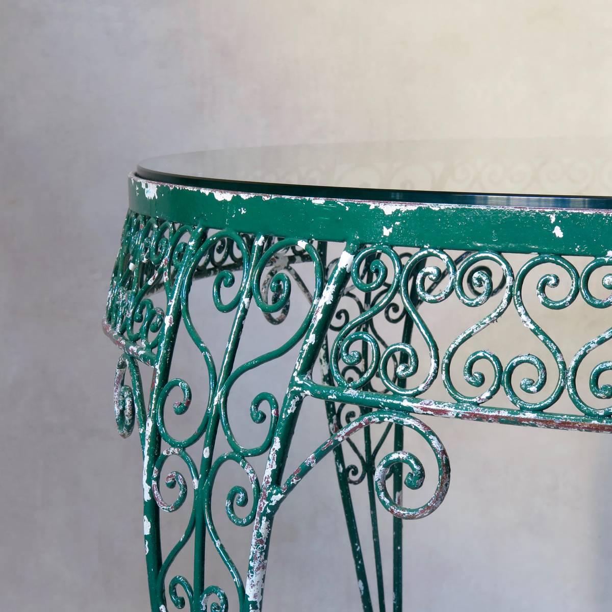 Art Deco Intricately Wrought-Iron Garden Chair and Table, Set, France, 1950s
