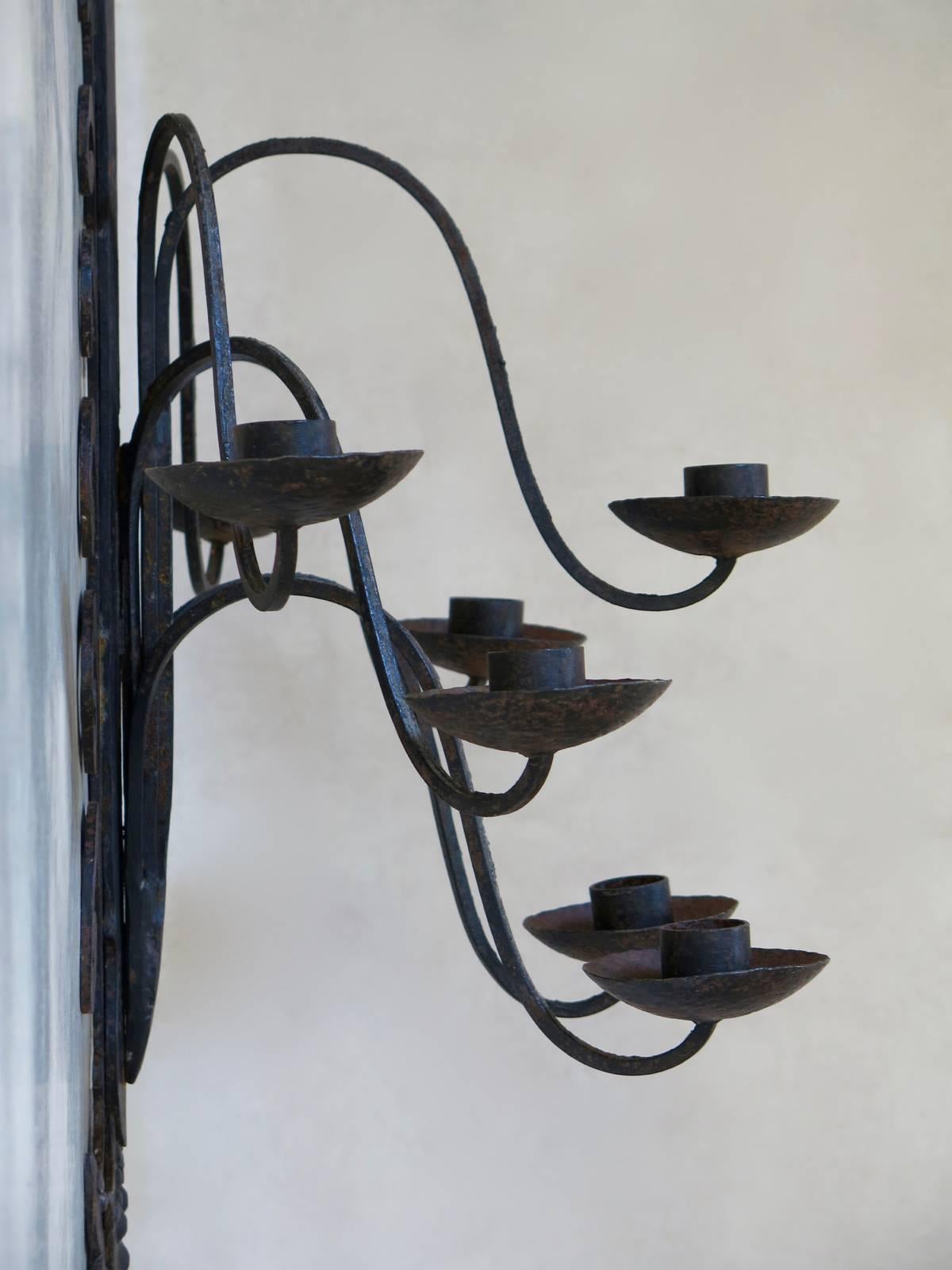 Seven Large Baroque Style Iron Sconces, France, 1940s 2
