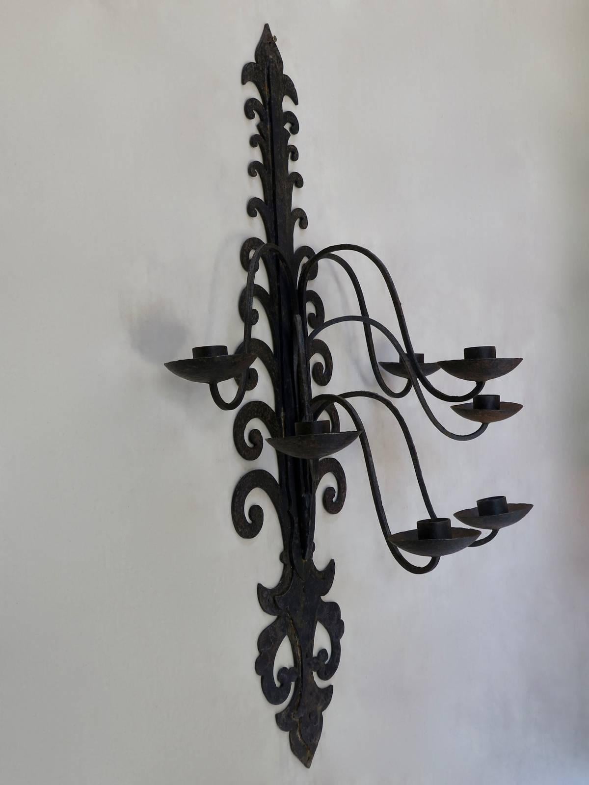 Seven Large Baroque Style Iron Sconces, France, 1940s 1