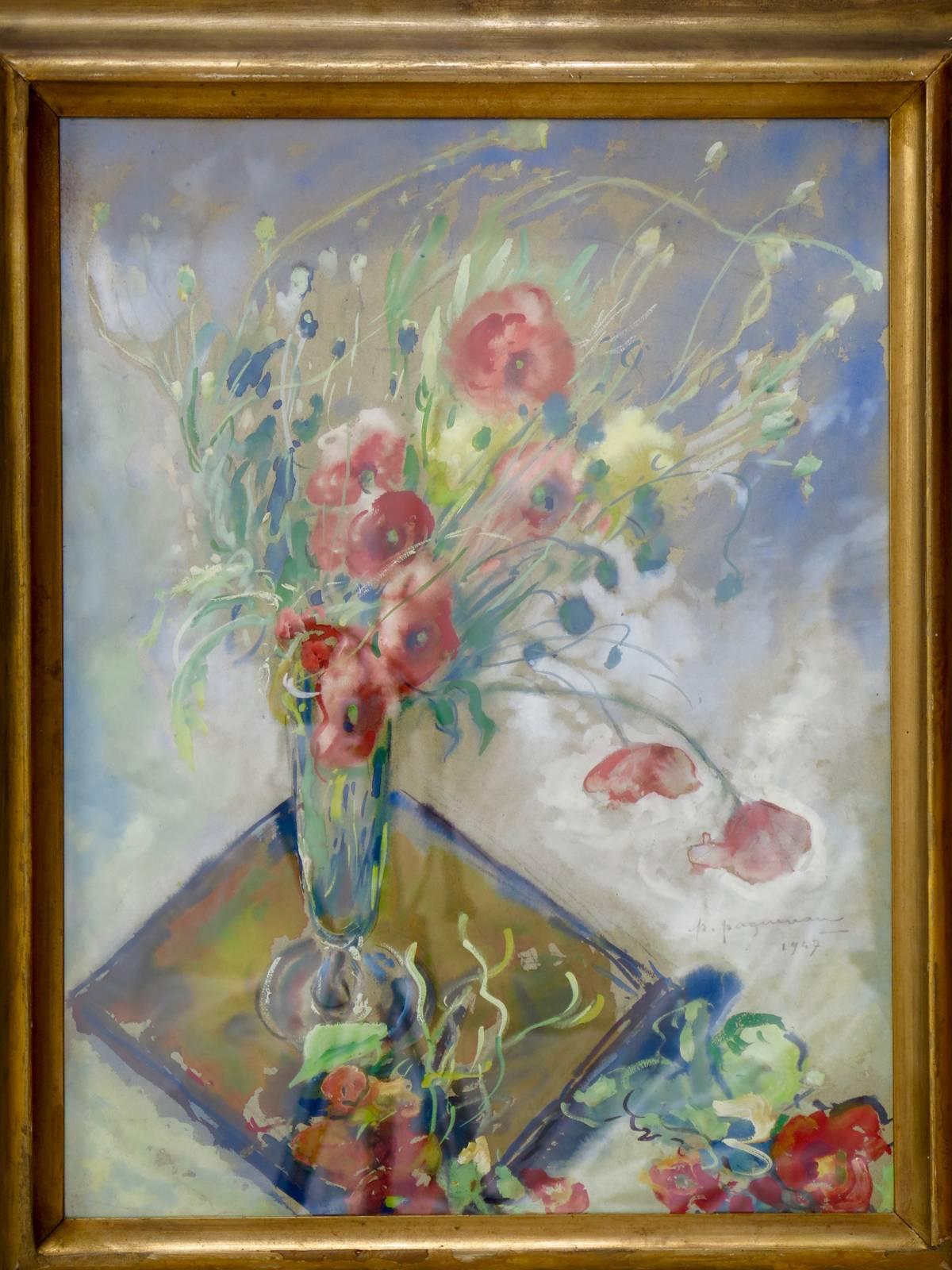 Aquarelle représentant un vase de fleurs de pavot soufflées par le vent. De belles couleurs.

Signé P. Paquereau, 1947.

Paul Paquereau (1871- 1956) était un peintre et décorateur de théâtre français, contemporain d'artistes tels que Raoul Dufy,