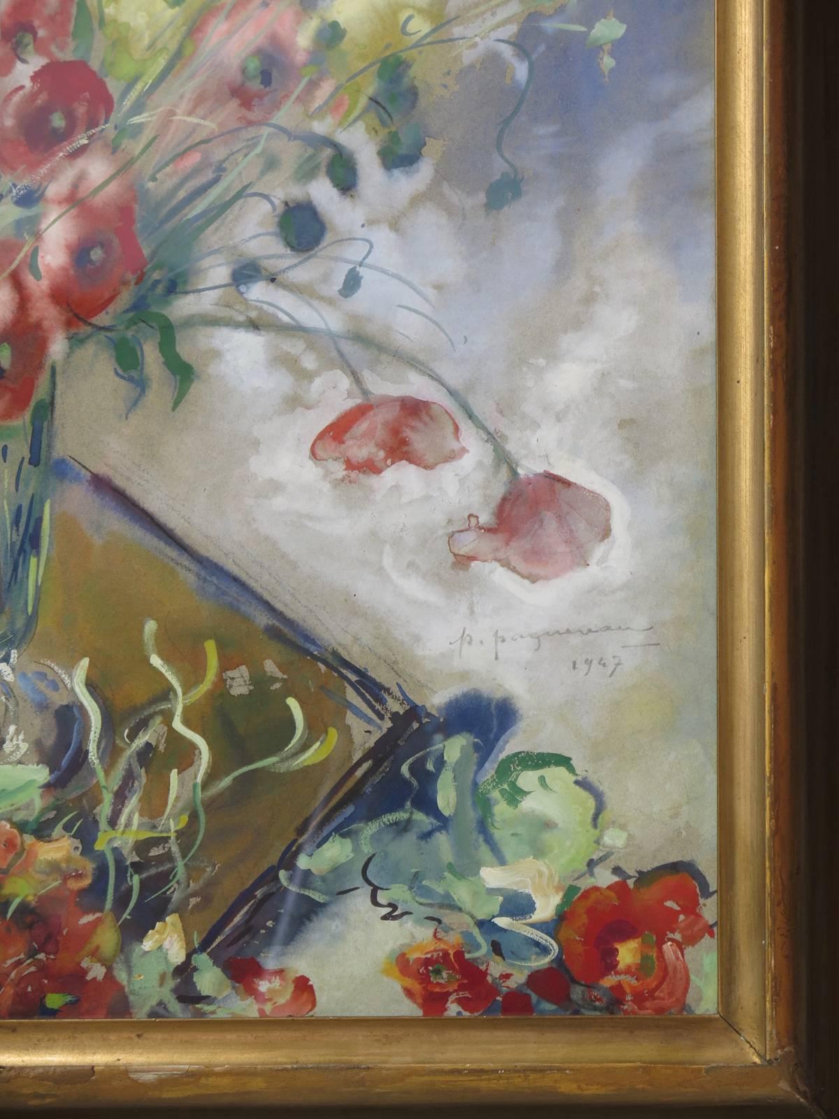 Poppy Watercolor by P. Paquereau, France, 1947 For Sale 1