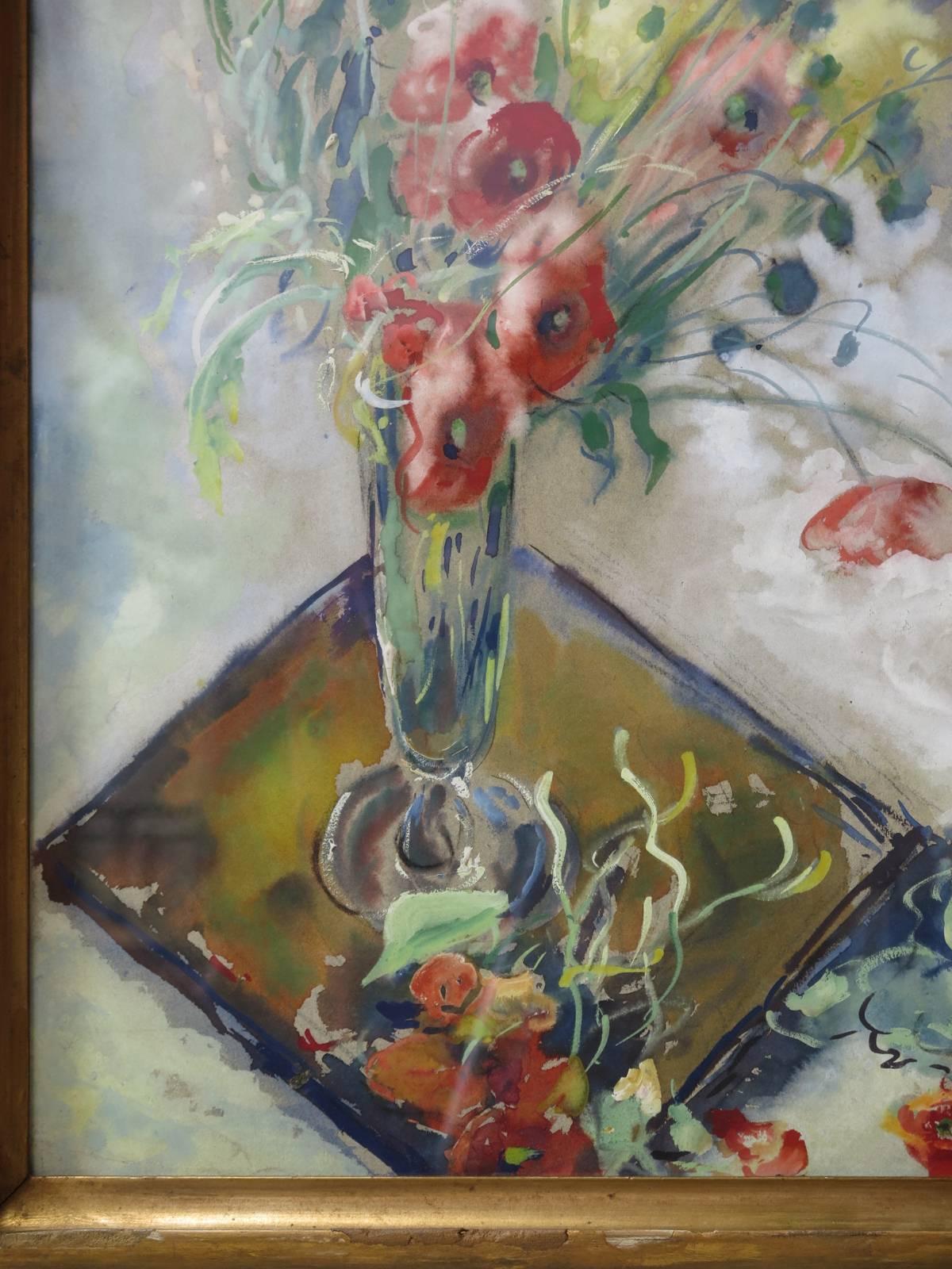 20th Century Poppy Watercolor by P. Paquereau, France, 1947 For Sale