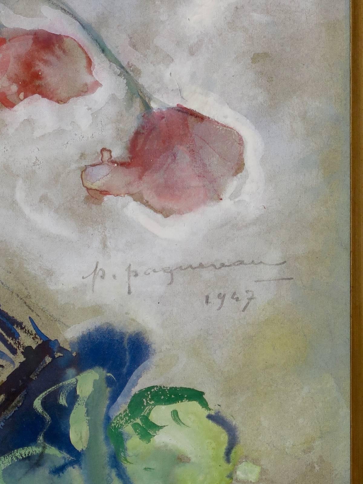 Poppy Watercolor by P. Paquereau, France, 1947 For Sale 2