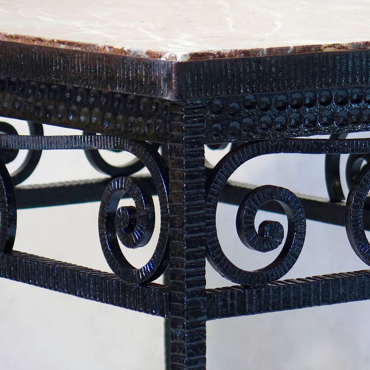 Wrought Iron Hammered Iron and Marble French Art Deco Table For Sale