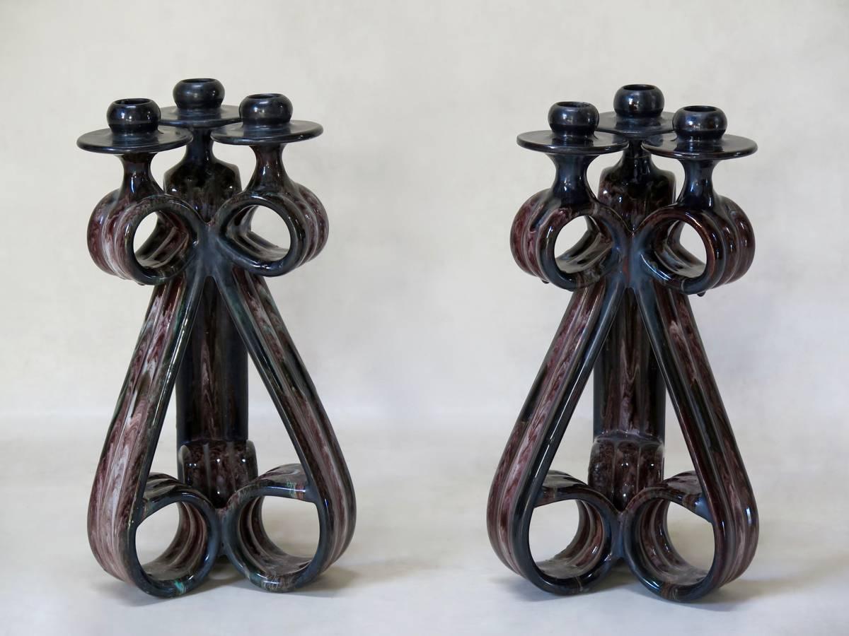 Marius Giuge Vase and Candlesticks, Vallauris, France, circa 1950s In Fair Condition For Sale In Isle Sur La Sorgue, Vaucluse