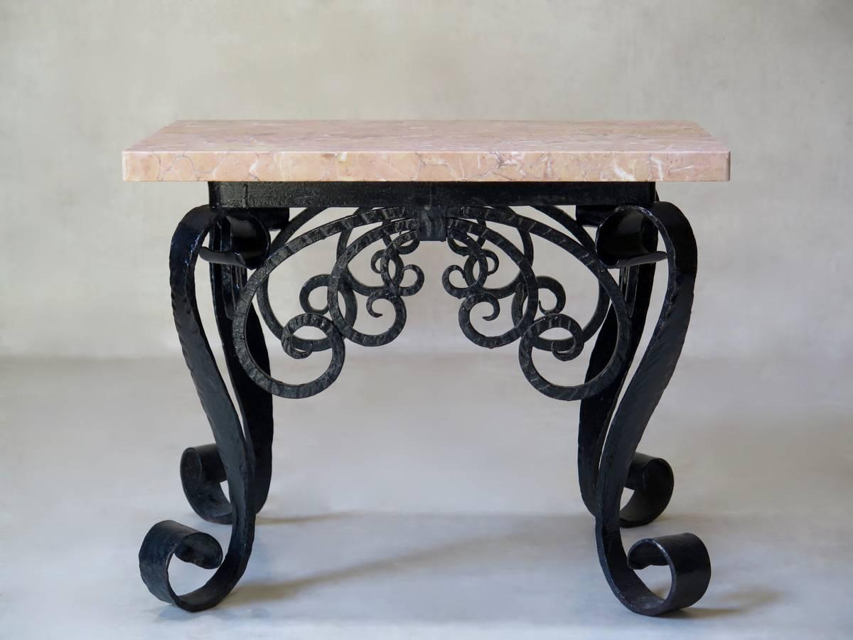 Baroque 1950s, Spanish Wrought Iron and Pink Marble Side Tables For Sale