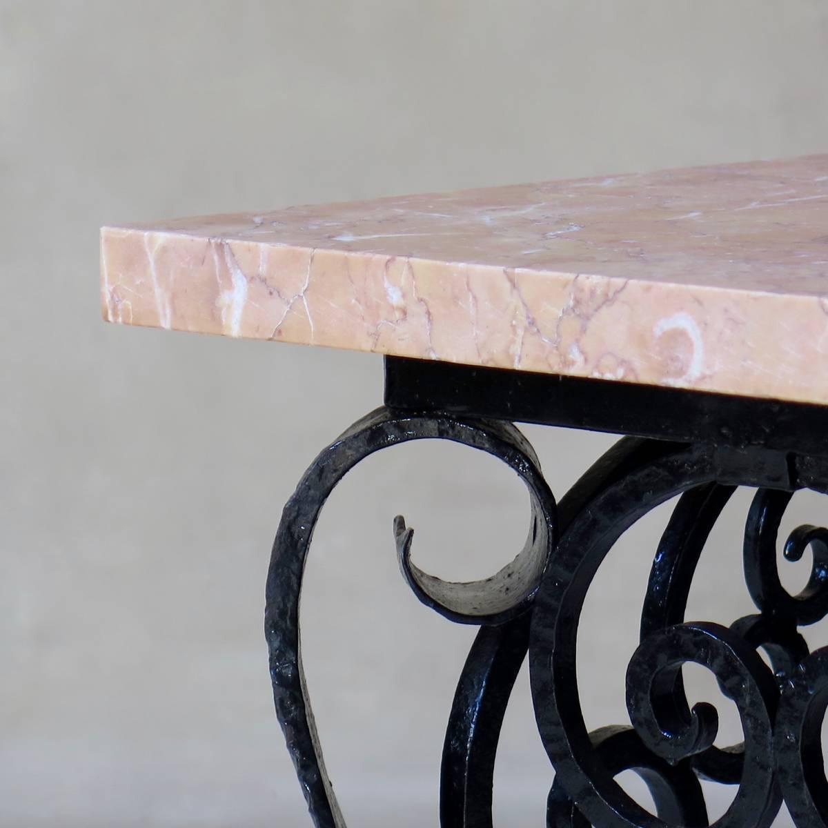 20th Century 1950s, Spanish Wrought Iron and Pink Marble Side Tables For Sale