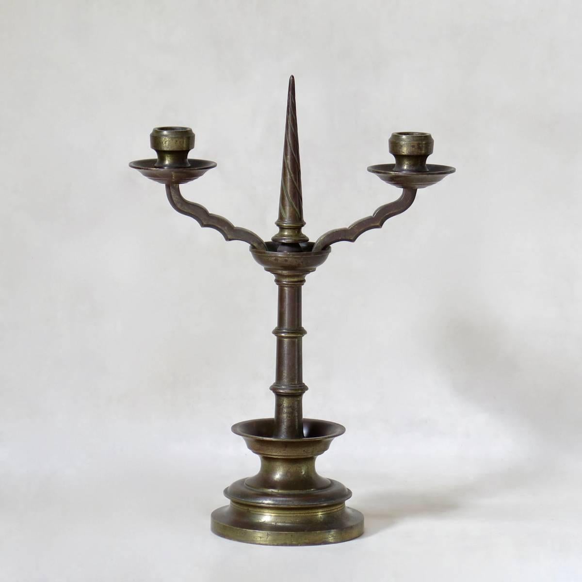 French Pair of Bronze Gothic-Style Candleholders, France, Early 1900s