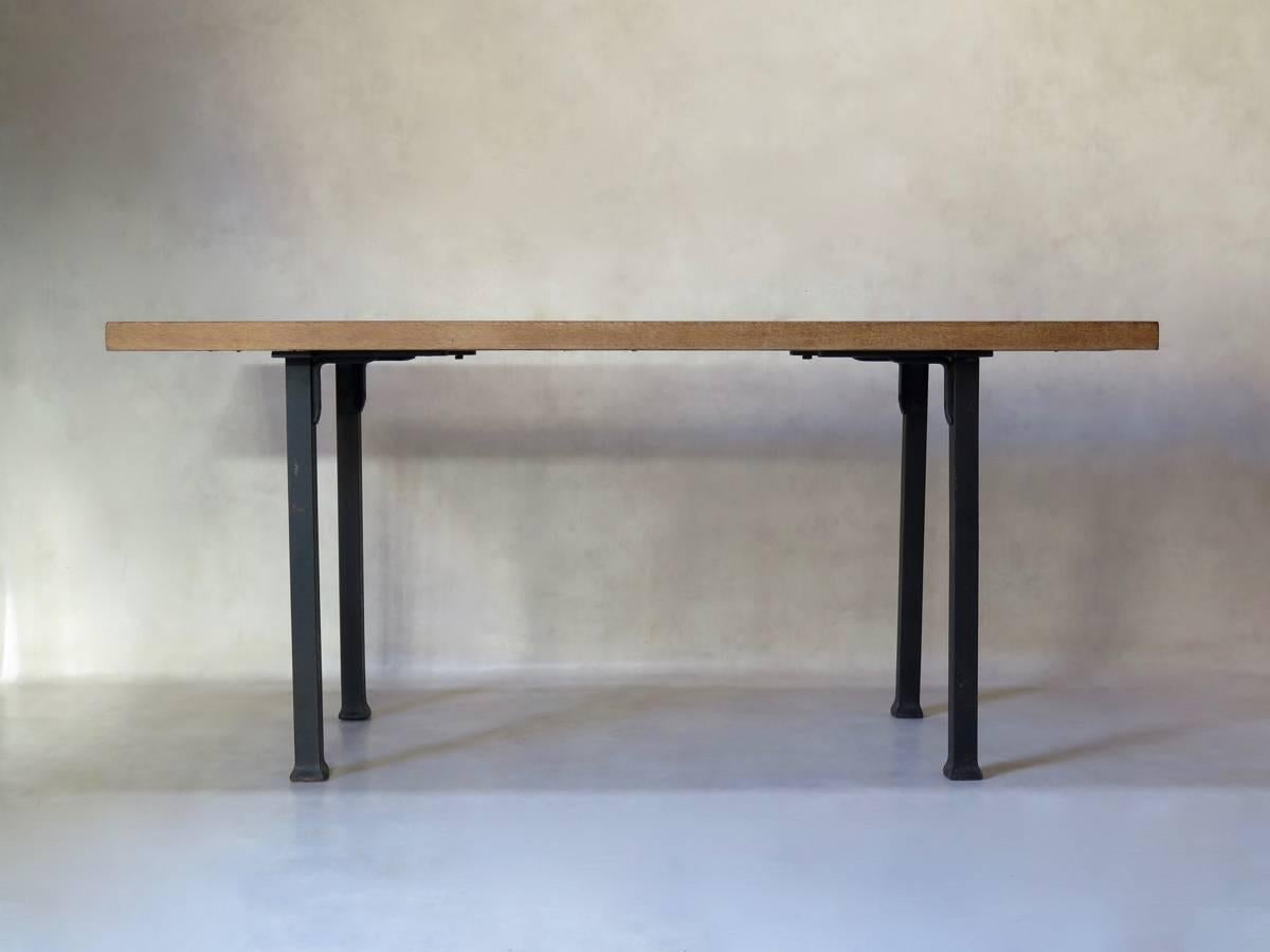 French Minimalist 1940s Iron and Oak Table, France