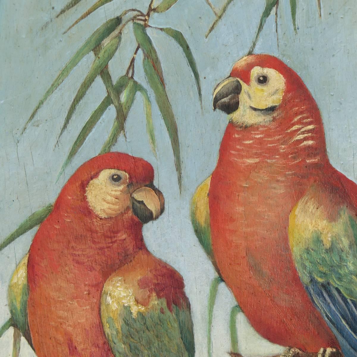 French Pair of Decorative Parrot Paintings, France, circa 1920s For Sale