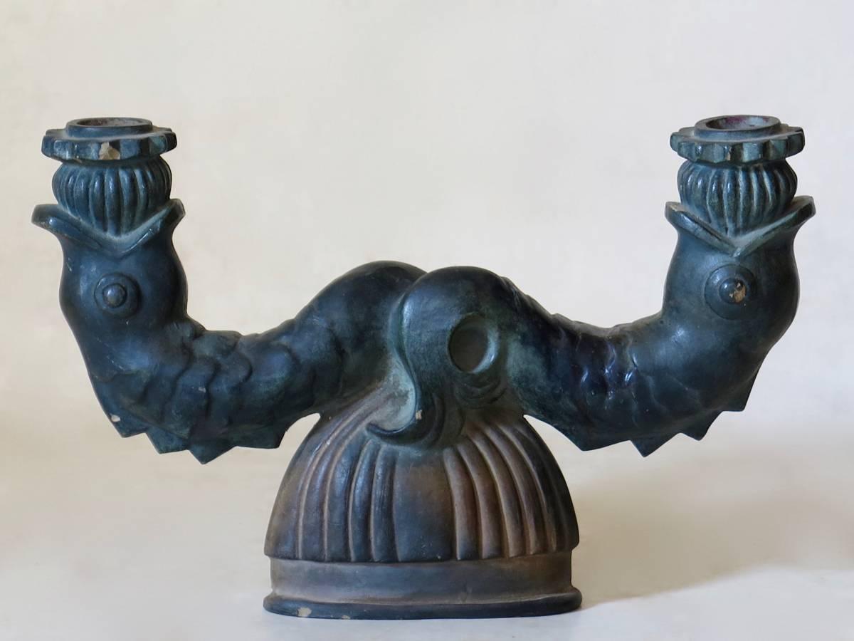 Very charming Art Deco candelabra with a deep, verdigris patina. Lovely, chunky design.