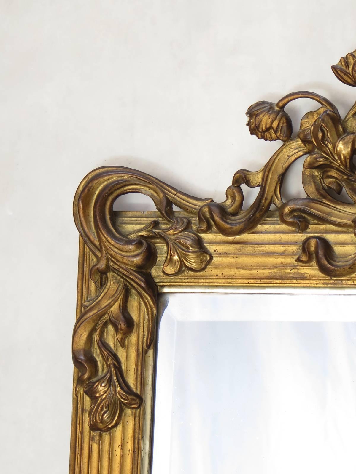 French Large Art Nouveau Mirror with Lotus Flower Decor, France, Early 1900s For Sale