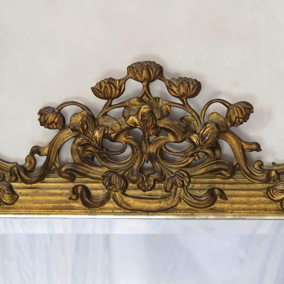 Art Nouveau Grande specchio Art Decor con fiori di loto, Francia, primi anni del 1900 in vendita