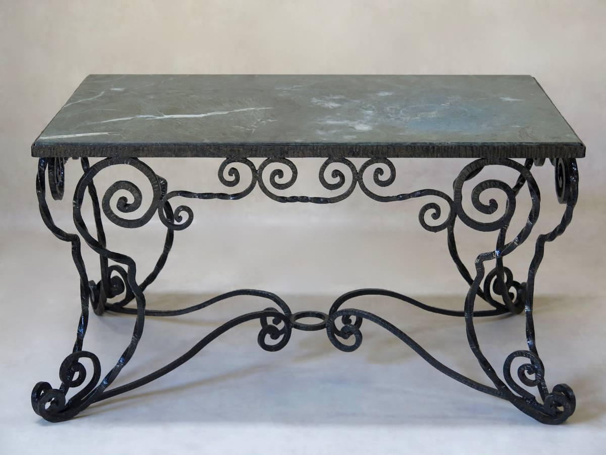 Art Deco Unusual Wrought Iron and Marble Coffee Table, France, circa 1940s