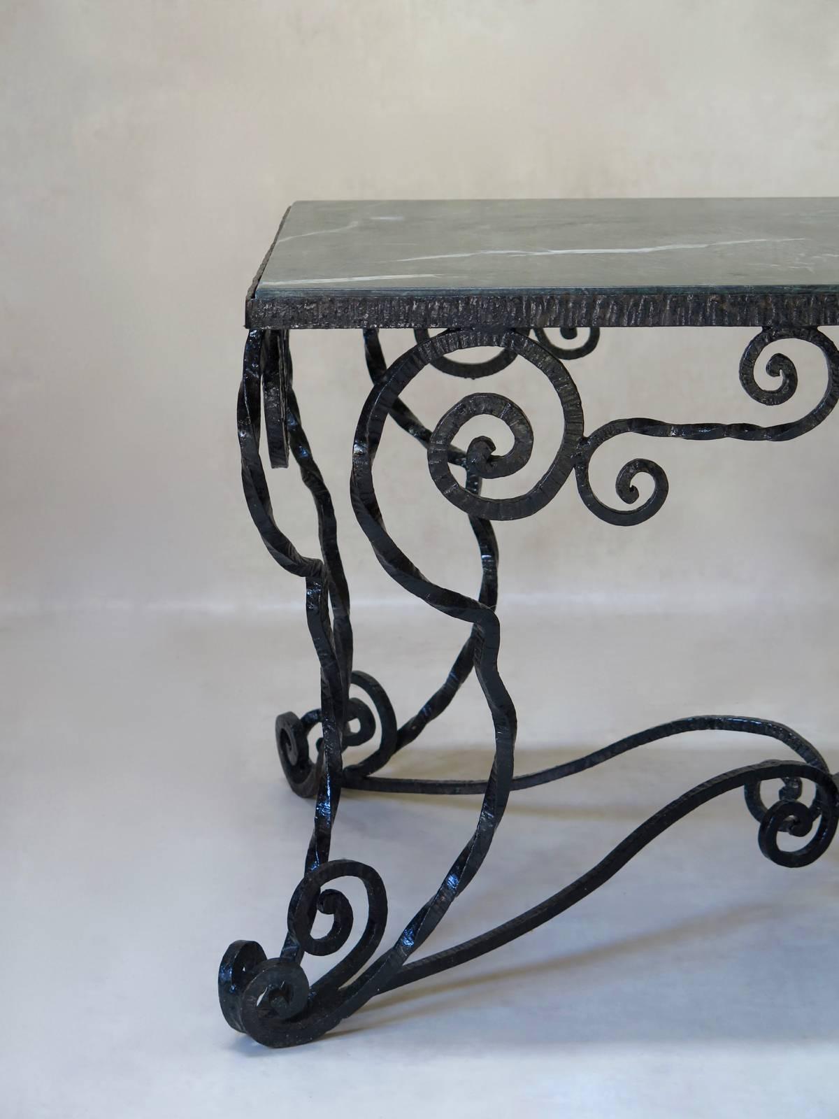 French Unusual Wrought Iron and Marble Coffee Table, France, circa 1940s