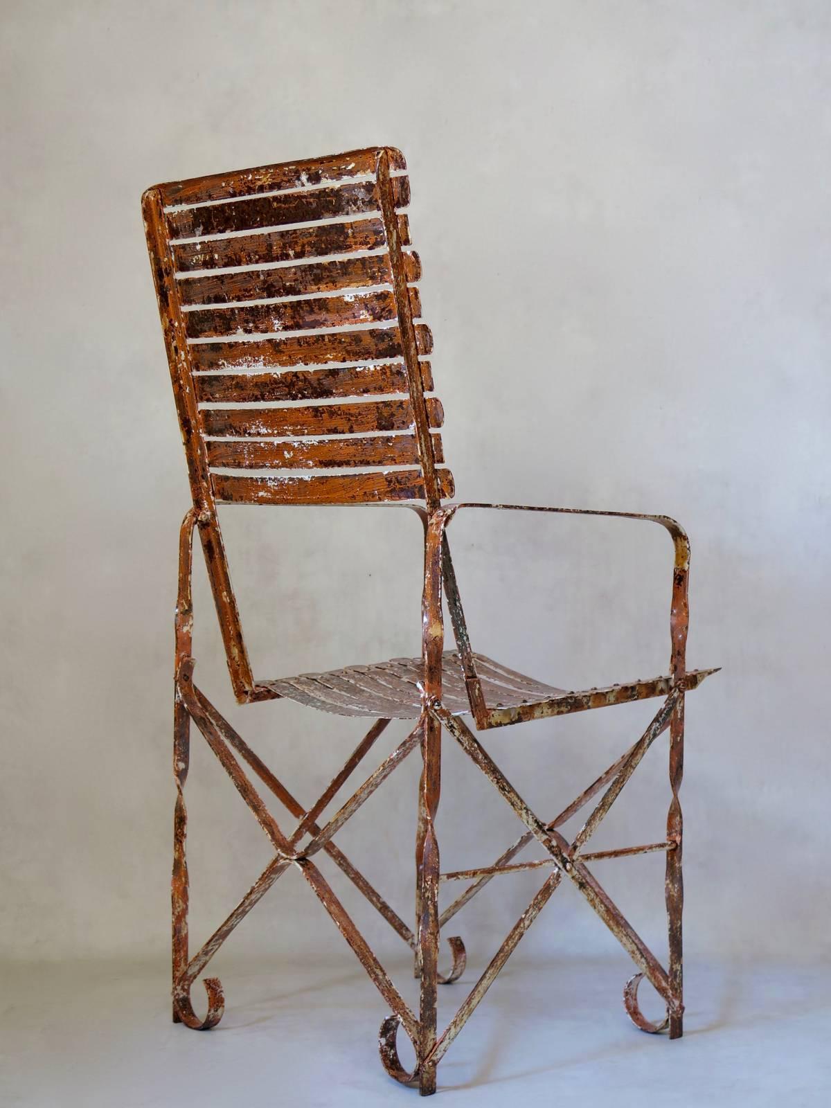 Wrought Iron Rare Pair of Painted Iron Armchairs, France, circa 1910s For Sale