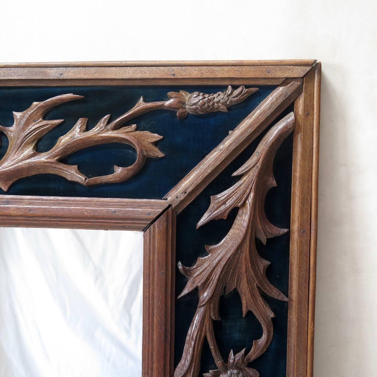 Carved Napoleon III Oak and Velvet Mirror, France, 19th Century For Sale 1