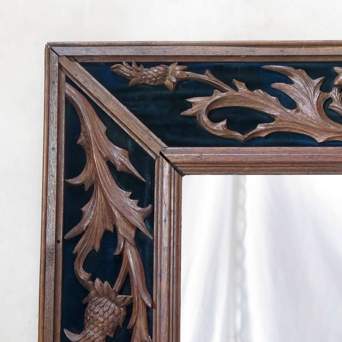 French Carved Napoleon III Oak and Velvet Mirror, France, 19th Century For Sale