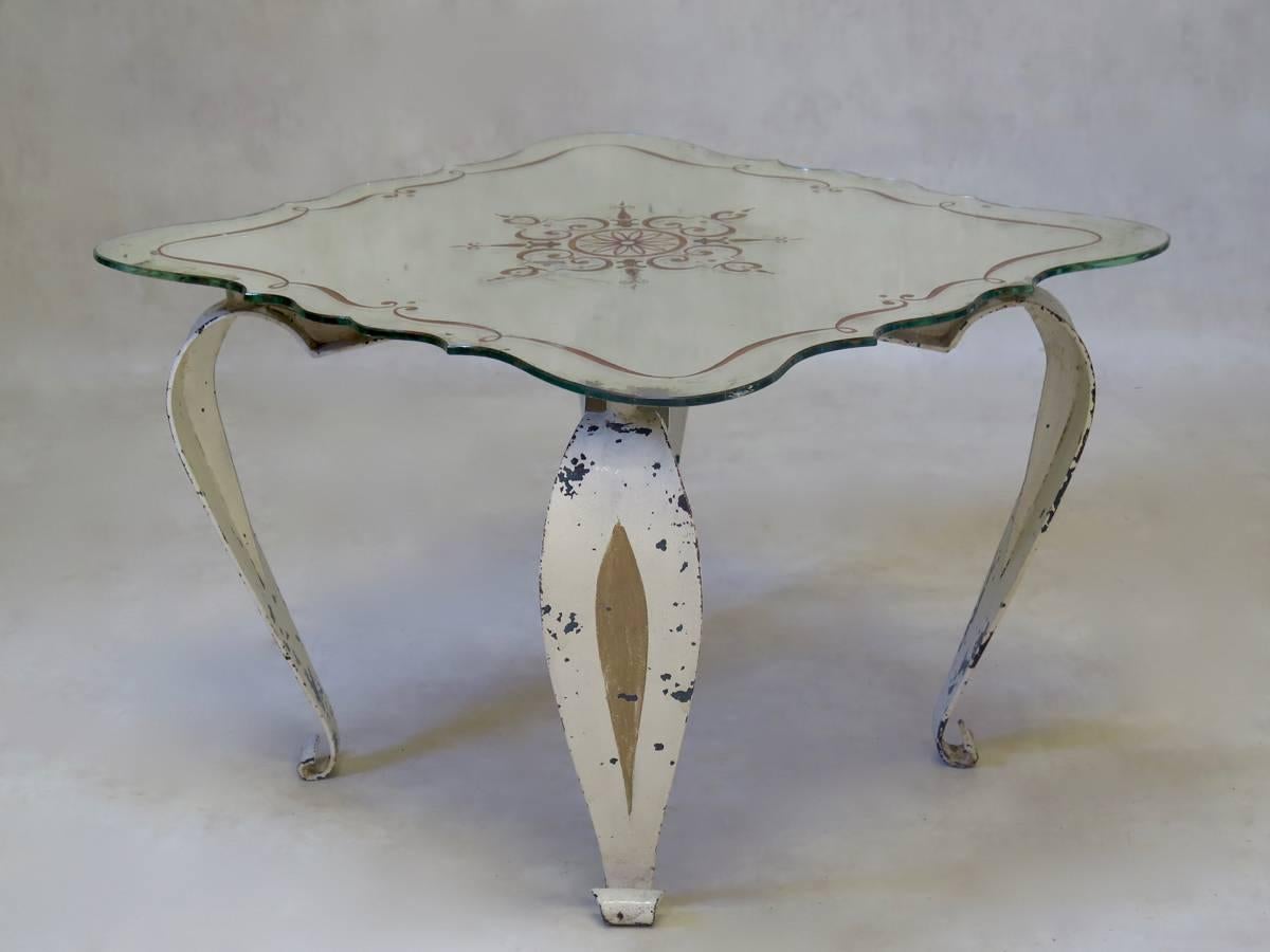 Painted French 1940s Art Deco Coffee Table with Églomisé Top For Sale