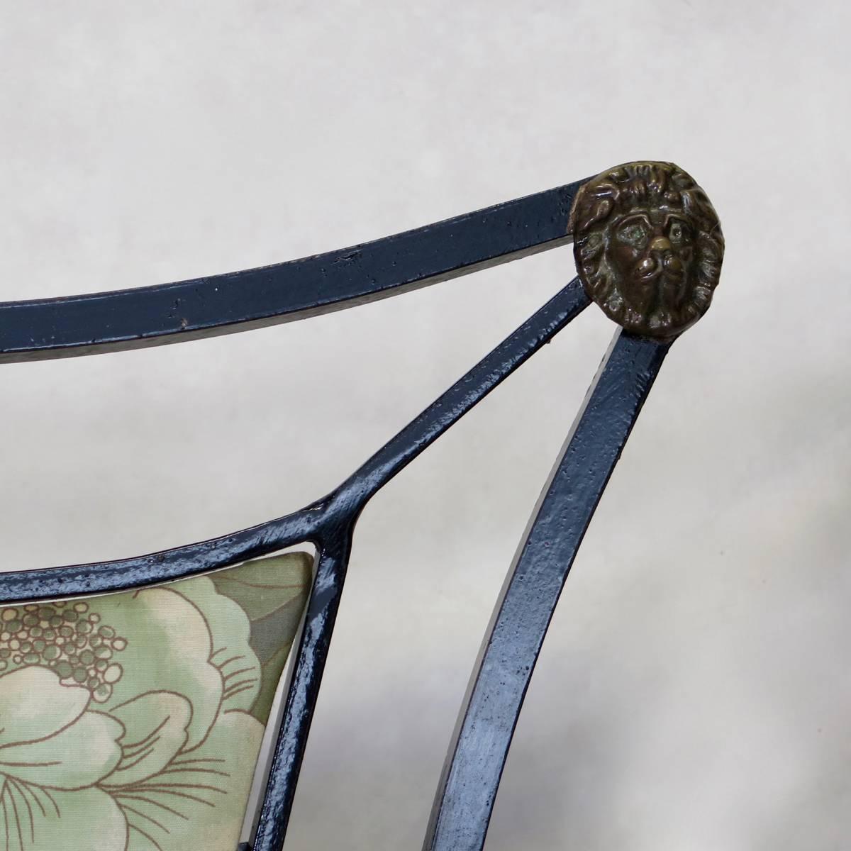 20th Century Set of Four Iron and Fabric Chairs with Lion Head Detail, England, circa 1950s