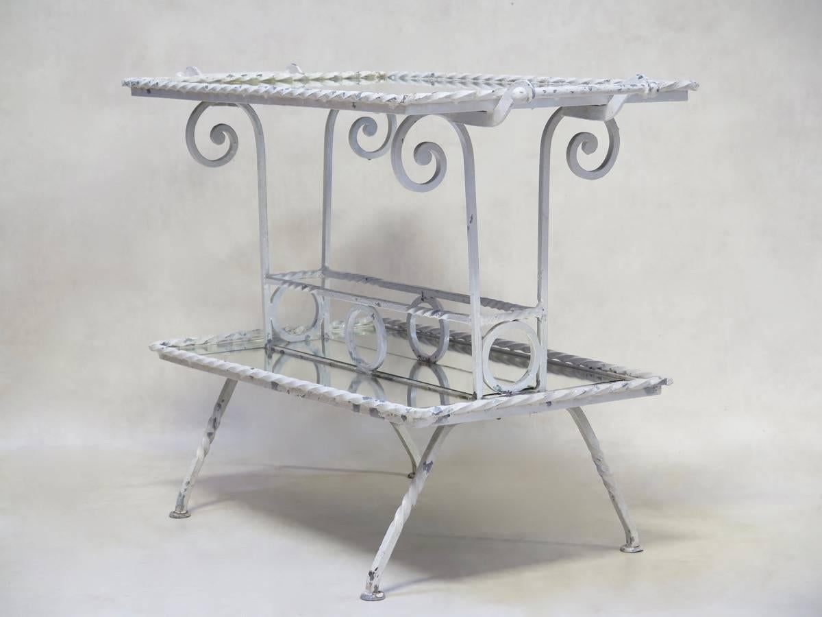 Art Deco French 1940s Wrought Iron and Mirror Side Table For Sale