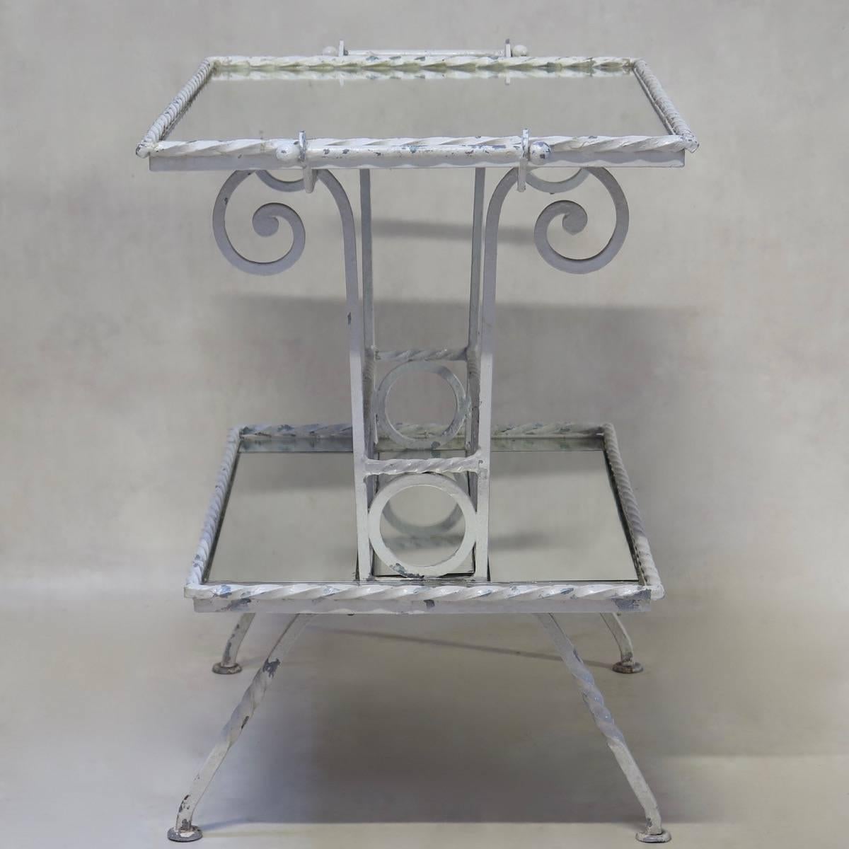 Painted French 1940s Wrought Iron and Mirror Side Table For Sale