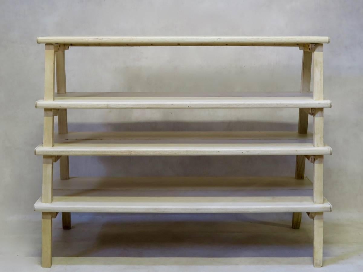 Large set of bleached beechwood display shelves of unusual design. Very heavy and sturdy.