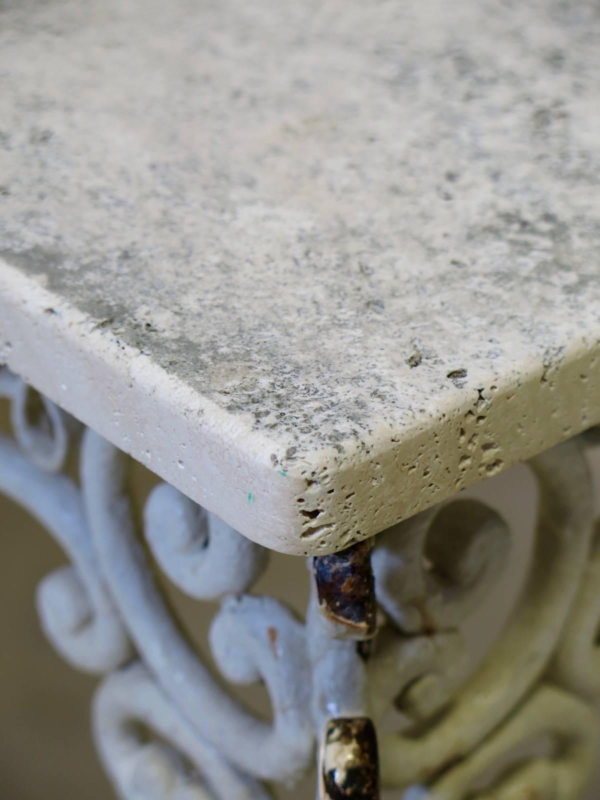 Wrought Iron Delicate 1940s Iron and Travertine Coffee Table For Sale