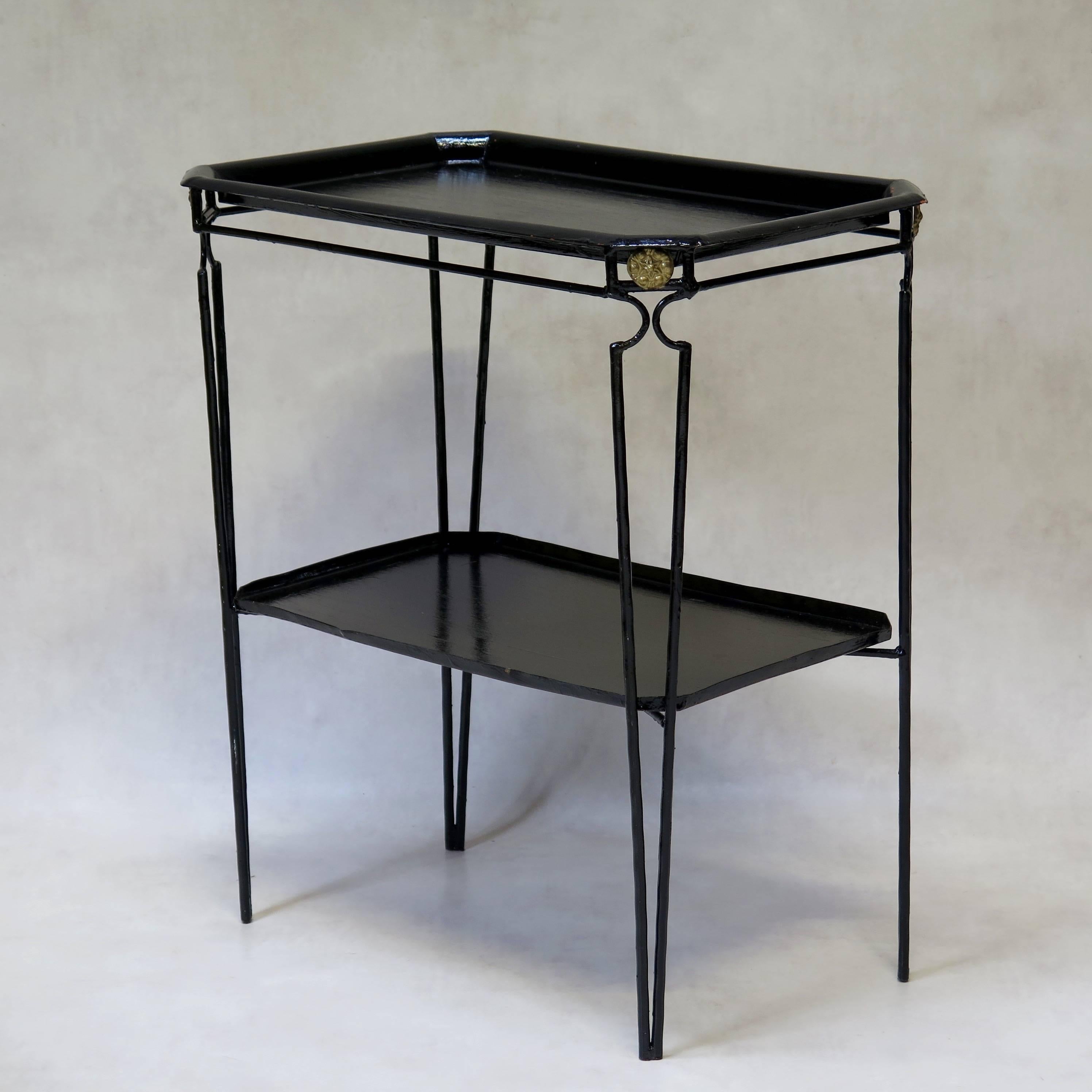 French Four Black Painted Metal Tray Tables in the 1940s Style, France, circa 1960s For Sale