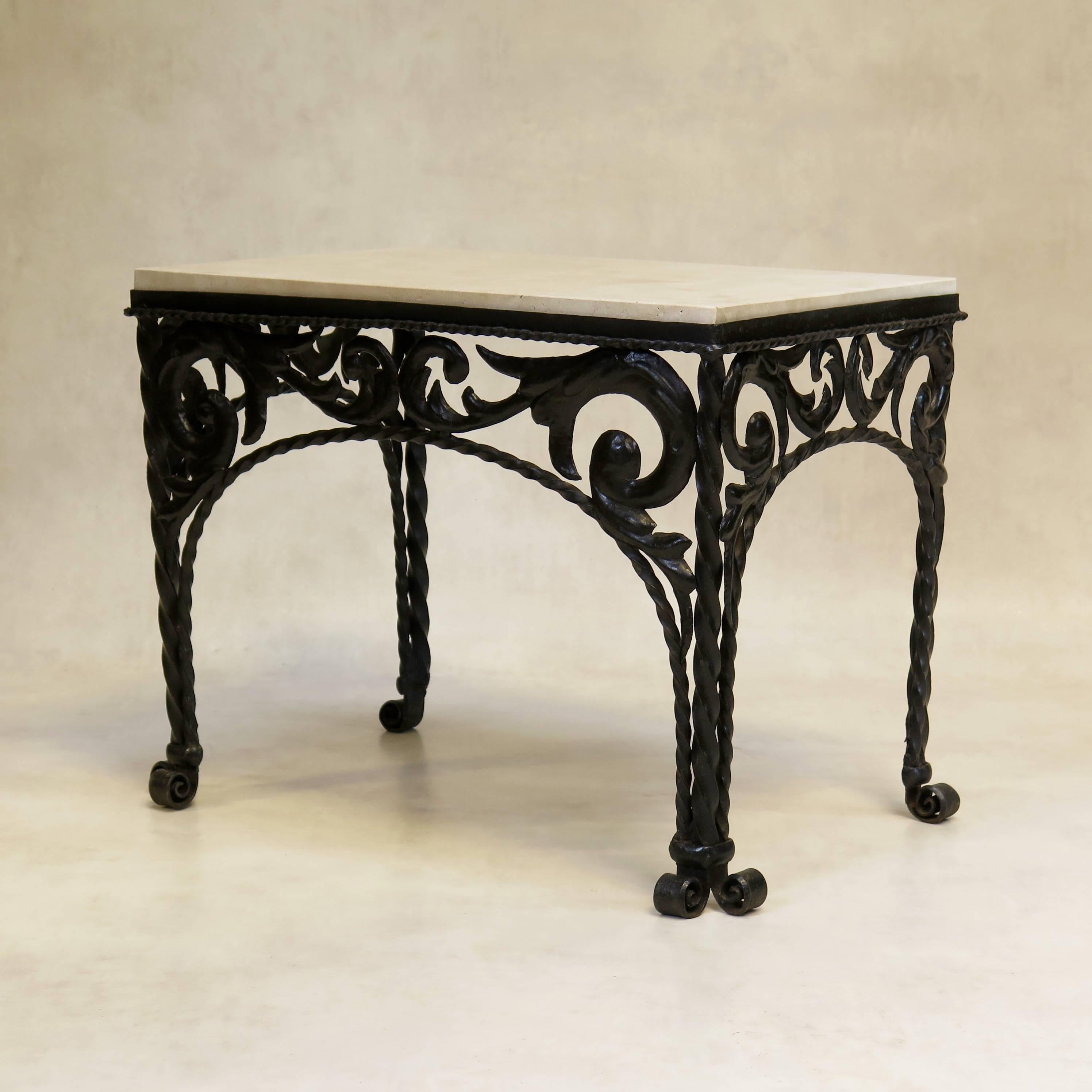Medieval Pair of Ornate Iron and Travertine Side Tables, Spain, circa 1920s For Sale