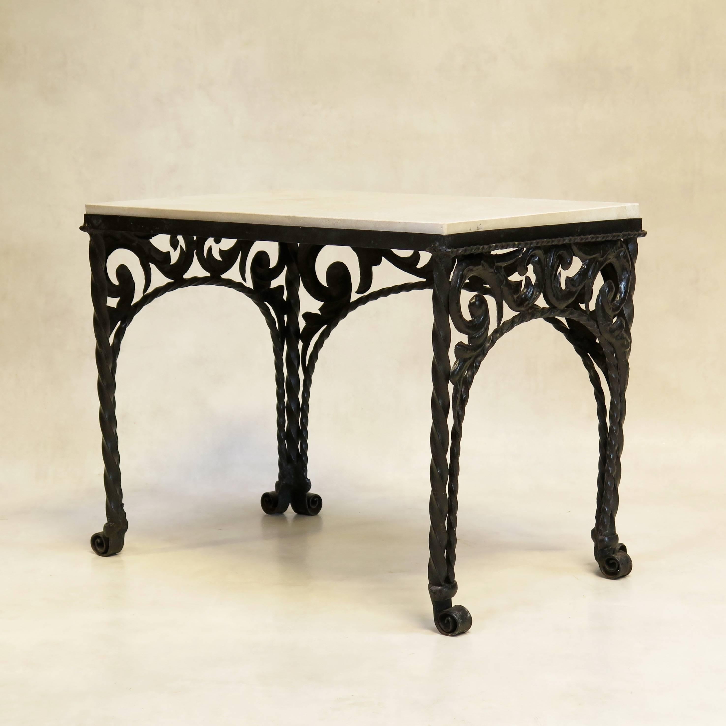 20th Century Pair of Ornate Iron and Travertine Side Tables, Spain, circa 1920s For Sale