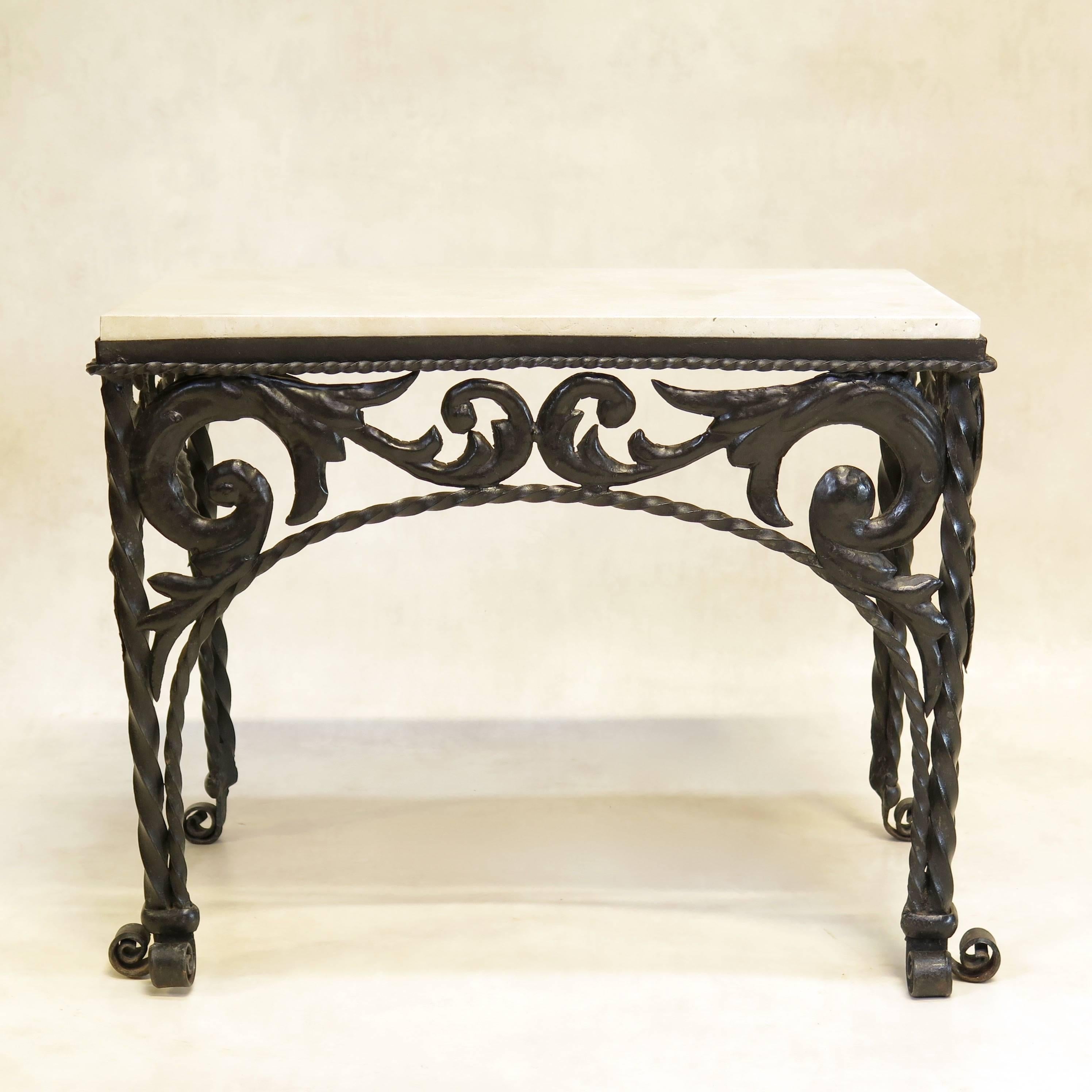 Spanish Pair of Ornate Iron and Travertine Side Tables, Spain, circa 1920s For Sale