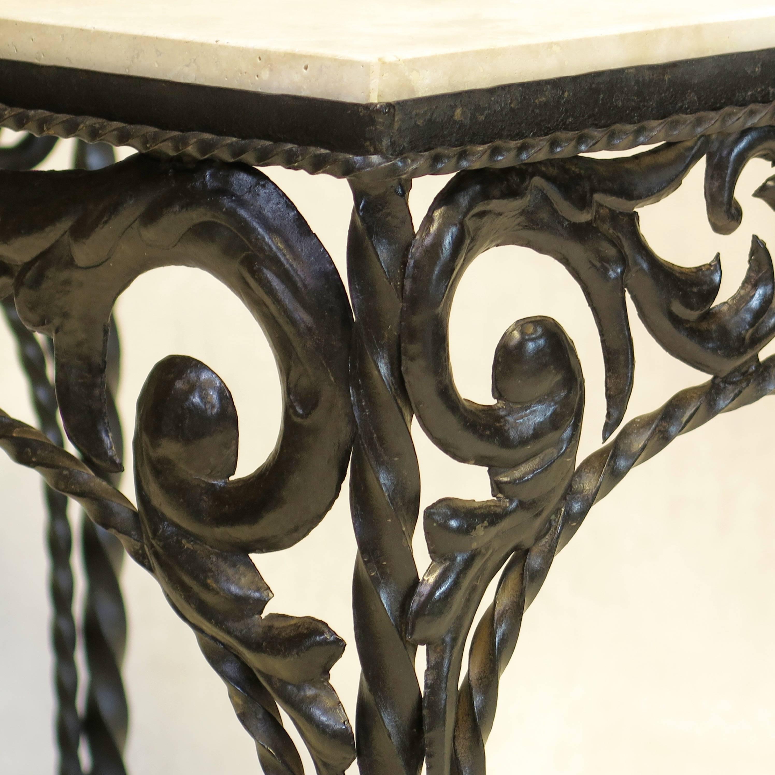 Pair of Ornate Iron and Travertine Side Tables, Spain, circa 1920s For Sale 1