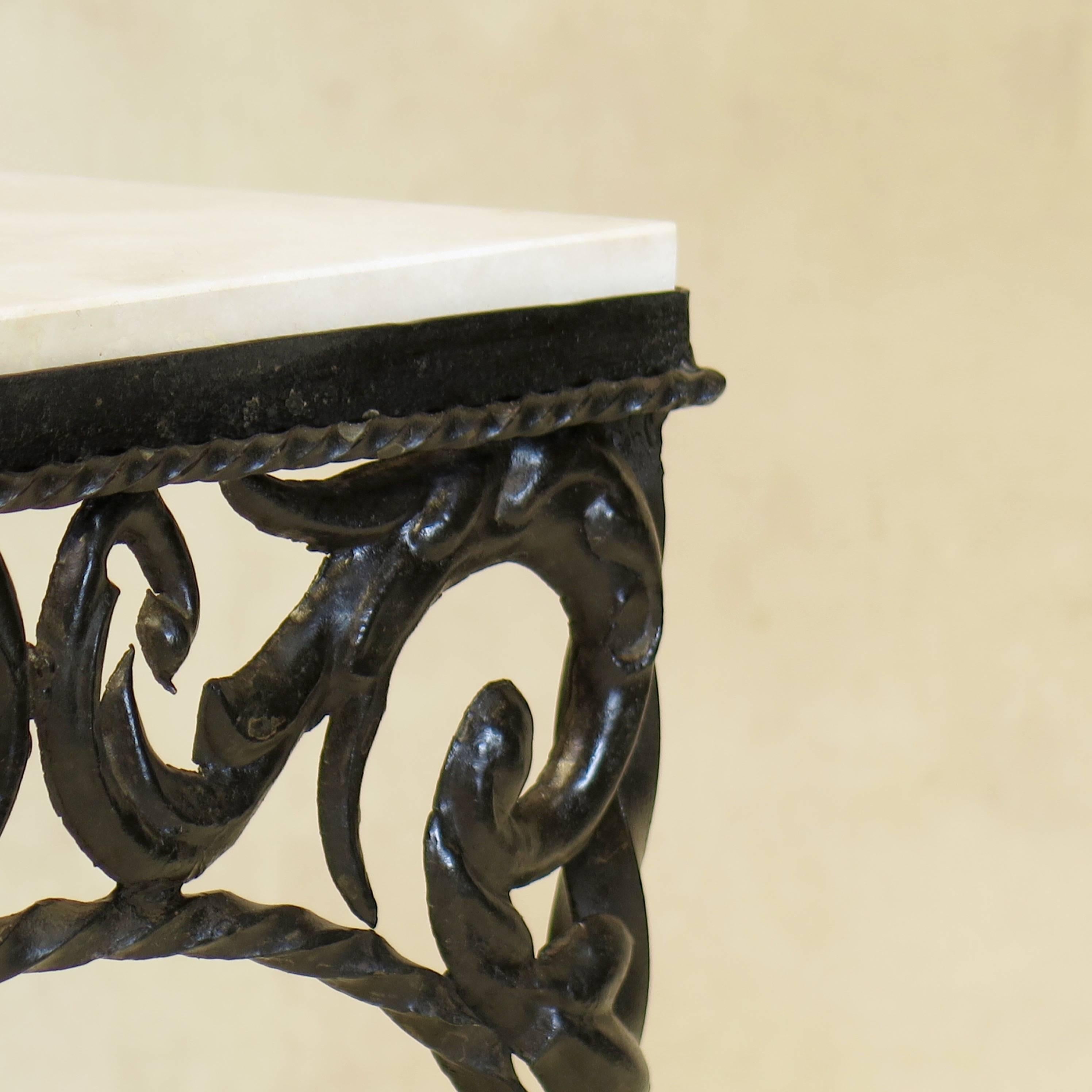 Pair of Ornate Iron and Travertine Side Tables, Spain, circa 1920s For Sale 2