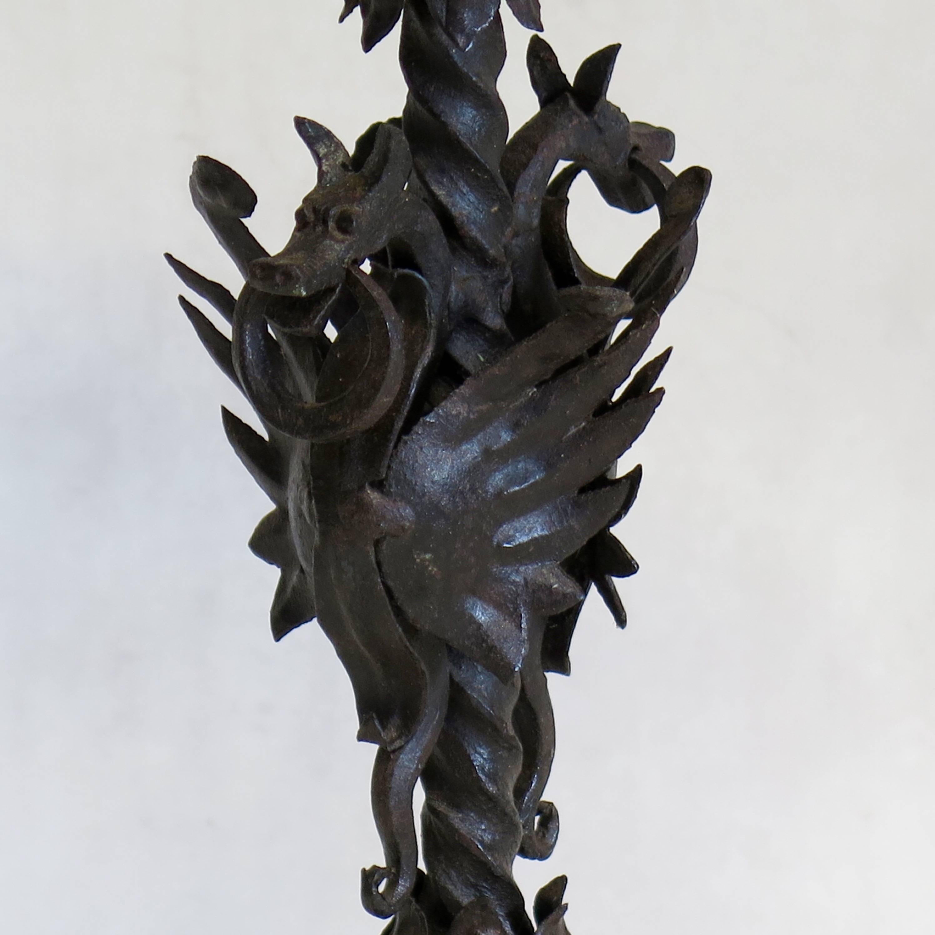 French Gothic Style Wrought Iron Lamp with Dragons - France, Circa 1920s