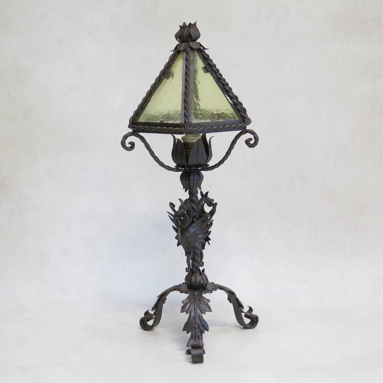 Gothic Style Wrought Iron Lamp With Dragons France Circa 1920s Ornate And Lovely Wrought Iron Desk Lamp Complete With Original Shade Yellow Frosted