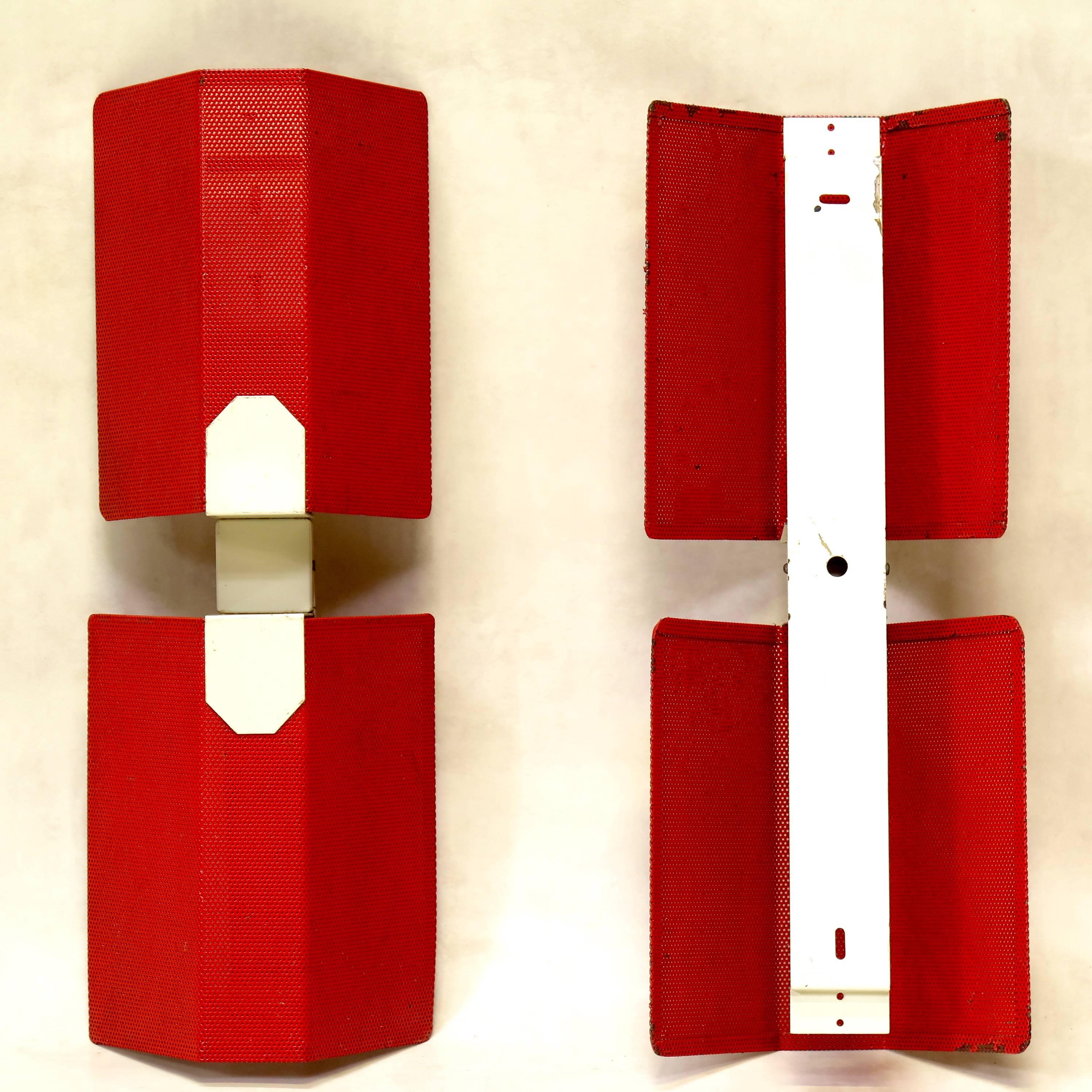 Set of Nine Red and White Perforated Metal Sconces, France, 1950s For Sale 2