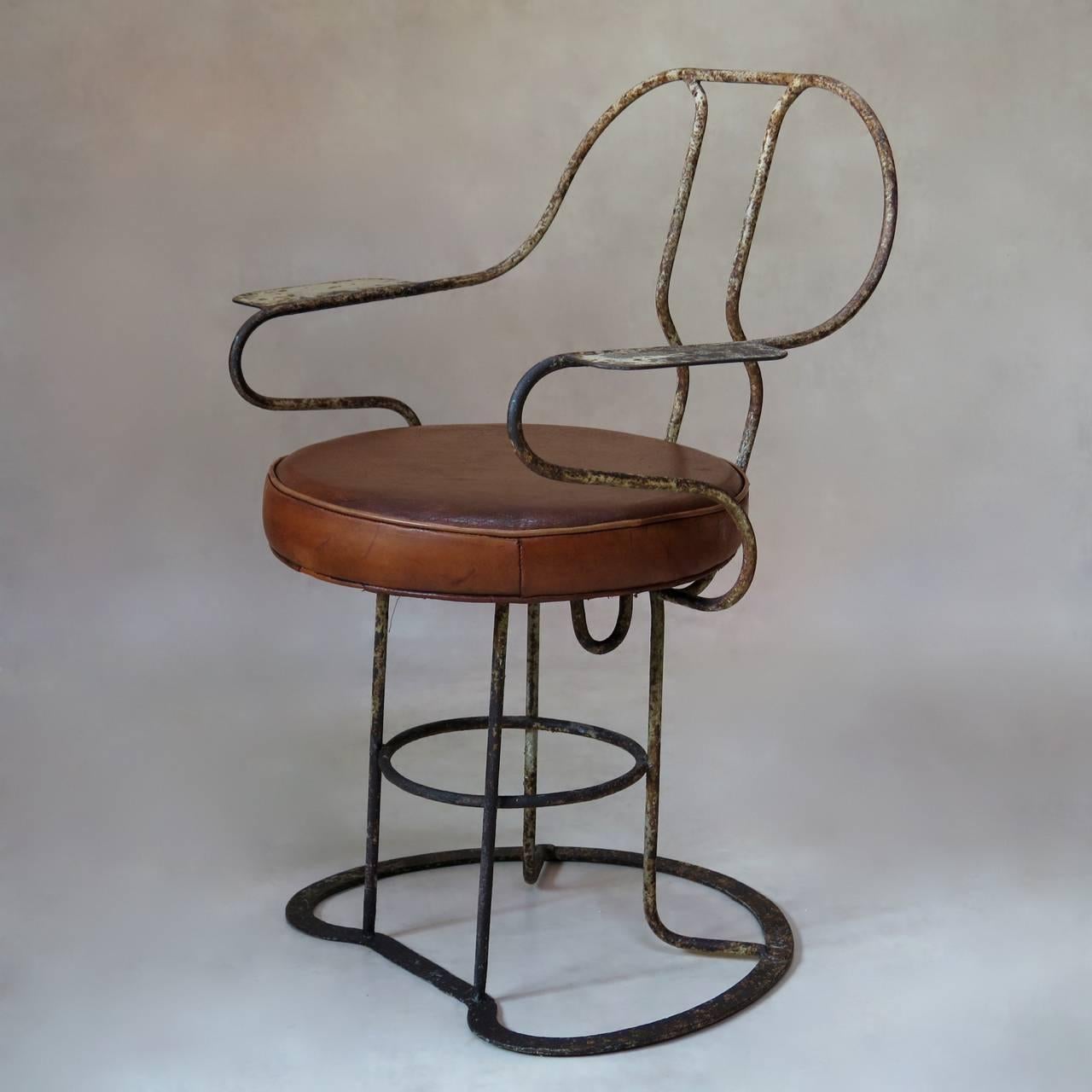 Bauhaus Unusual Pair of Iron and Leather Armchairs, France, circa 1930s For Sale