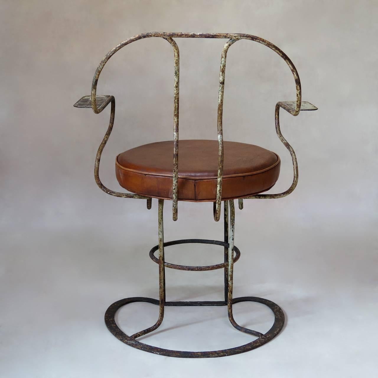 Unusual Pair of Iron and Leather Armchairs, France, circa 1930s In Distressed Condition For Sale In Isle Sur La Sorgue, Vaucluse