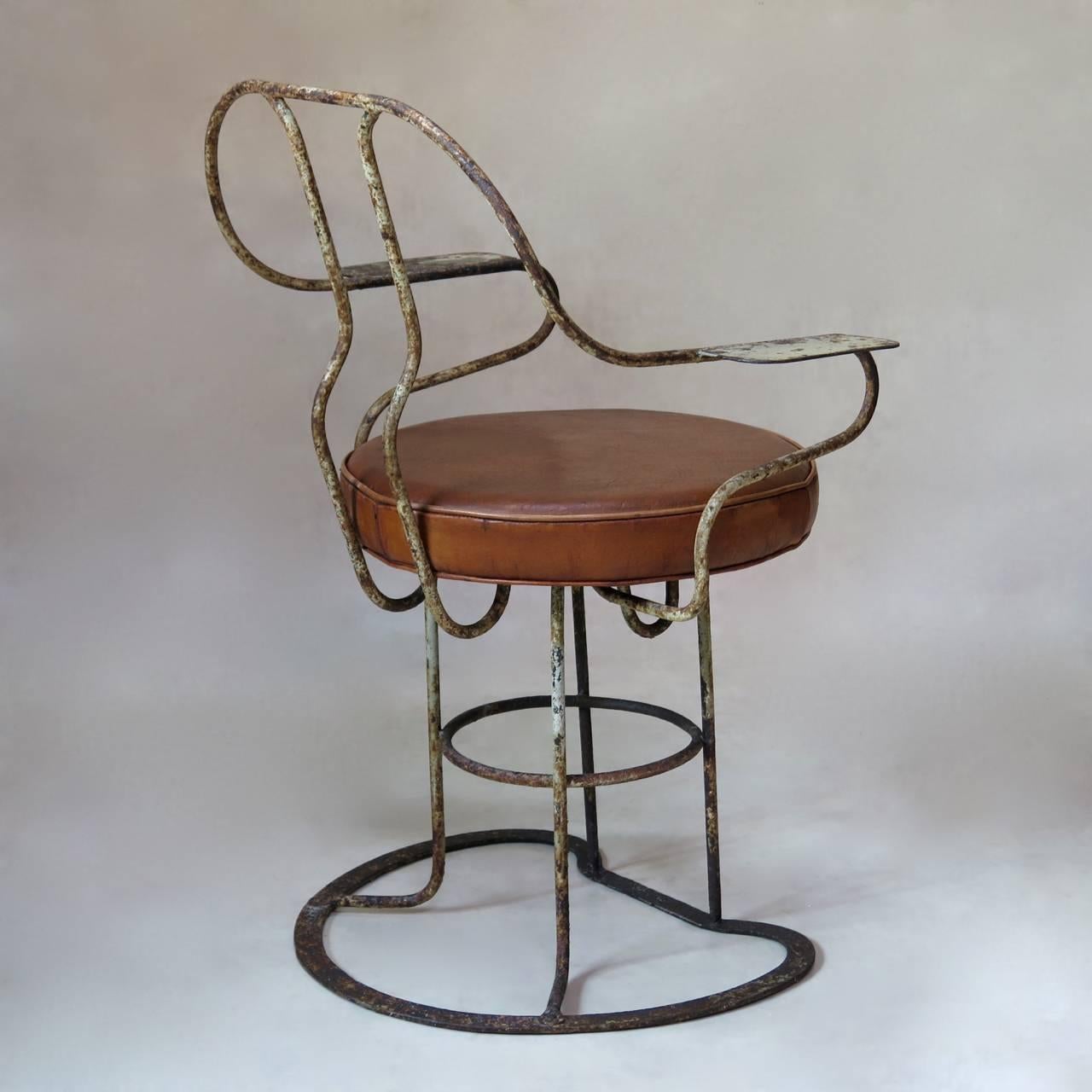 20th Century Unusual Pair of Iron and Leather Armchairs, France, circa 1930s For Sale