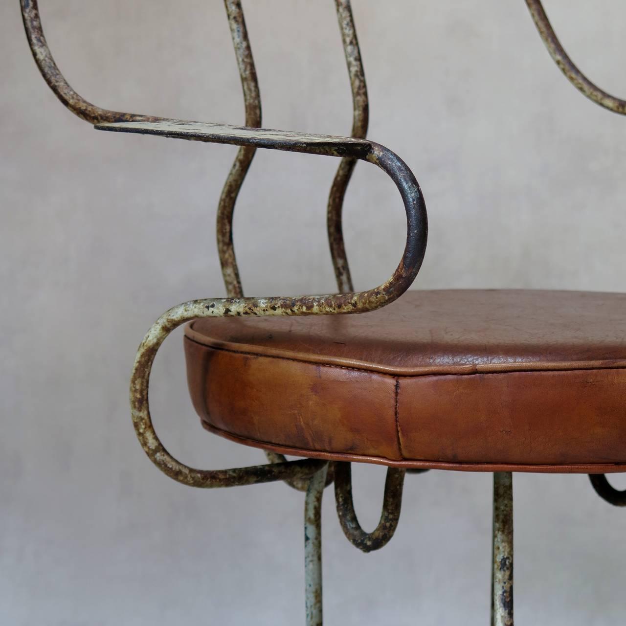 Unusual Pair of Iron and Leather Armchairs, France, circa 1930s For Sale 1
