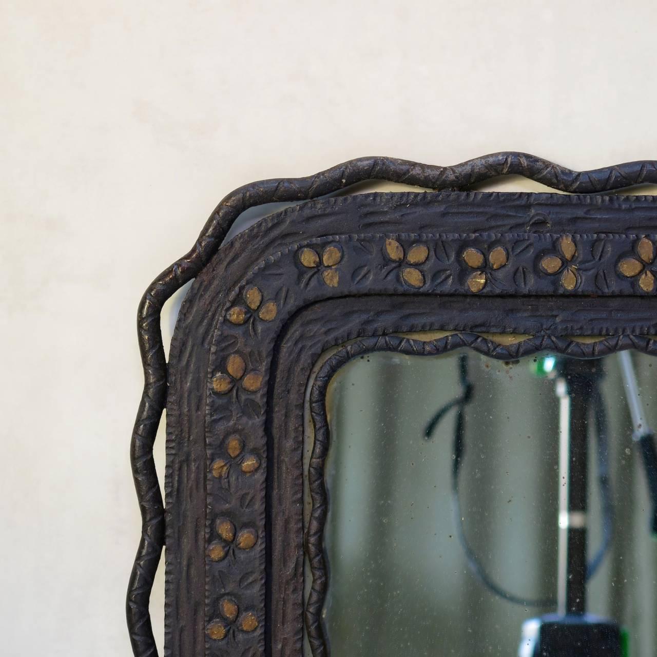 Art Deco 1920s Hammered Iron Mirror and Chair, France For Sale