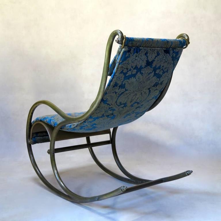 Chunky Brass Rocking Chair with Damask Velvet Upholstery, France, 1900s